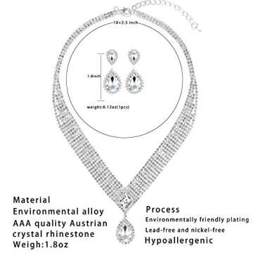 3 Pack Women Bridal Rhinestone Crystal Statement Necklace Link Bracelet and Teardrop Dangle Earrings Jewelry Set fit with Wedding Dress Party