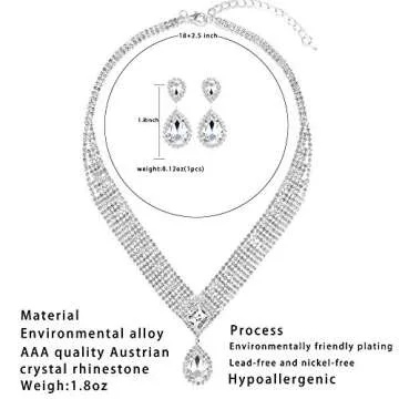 3 Pack Women Bridal Rhinestone Crystal Statement Necklace Link Bracelet and Teardrop Dangle Earrings Jewelry Set fit with Wedding Dress Party