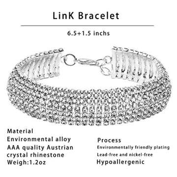 3 Pack Women Bridal Rhinestone Crystal Statement Necklace Link Bracelet and Teardrop Dangle Earrings Jewelry Set fit with Wedding Dress Party