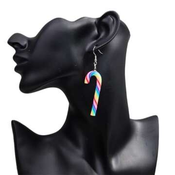 Candy Cane Christmas Earrings Handmade Funny Rainbow Colorful Sweet Swirl Candy Sugar Polymer Clay D...