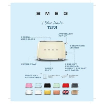 SMEG 2-Slice Toaster with 6 Presets Defrost Function Cream