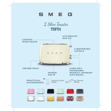 SMEG 2-Slice Toaster with 6 Presets Defrost Function Cream