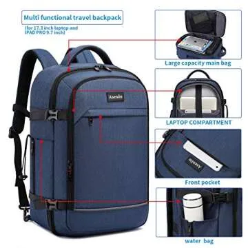 Asenlin 40L Travel Backpack for Women Men，17 Inch Laptop Backpack Flight Approved Luggage Carry On Water Resistant Computer Backpack for Weekender Overnight Large Daypack Blue