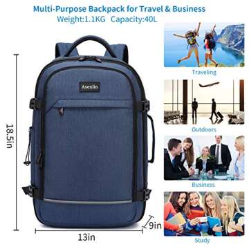 Asenlin 40L Travel Backpack for Women Men，17 Inch Laptop Backpack Flight Approved Luggage Carry On Water Resistant Computer Backpack for Weekender Overnight Large Daypack Blue