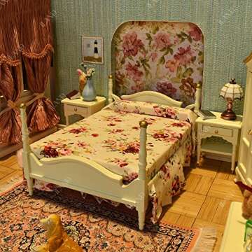 iLAND Wooden Dollhouse Furniture 1/12 Scale, Dollhouse Bedroom Furniture in Cream Color incl Dollhouse Bed & Dressing Table & Wardrobe (Elegant Miniature Furniture 6pcs)