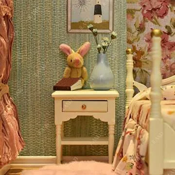 iLAND Wooden Dollhouse Furniture 1/12 Scale, Dollhouse Bedroom Furniture in Cream Color incl Dollhouse Bed & Dressing Table & Wardrobe (Elegant Miniature Furniture 6pcs)