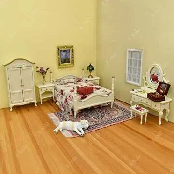 iLAND Wooden Dollhouse Furniture 1/12 Scale, Dollhouse Bedroom Furniture in Cream Color incl Dollhouse Bed & Dressing Table & Wardrobe (Elegant Miniature Furniture 6pcs)