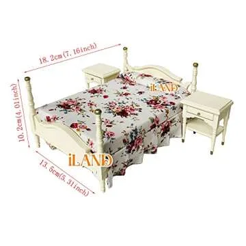 iLAND Wooden Dollhouse Furniture 1/12 Scale, Dollhouse Bedroom Furniture in Cream Color incl Dollhouse Bed & Dressing Table & Wardrobe (Elegant Miniature Furniture 6pcs)