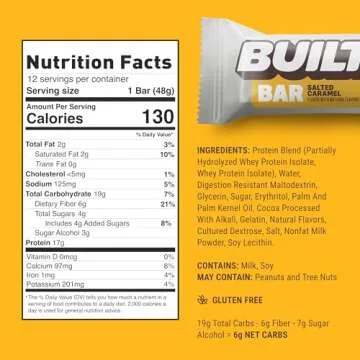 BUILT Bar, High Protein Bars, 17g High Protein Snacks, On-The-Go Bars with only 130 Calories & 4g Sugar, Salted Caramel, 12 Count