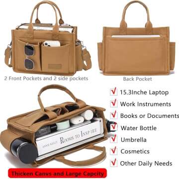 ZHMO Large Canvas Tote Bag for Women With Pockets Zipper, Brown Womens Purse Handbags Totes Bags Cro...