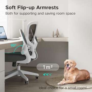 Hbada Office Chair Ergonomic Desk Chair, Office Desk Chairs with PU Silent Wheels, Breathable Mesh Computer Chair with Adjustable Lumbar Support, Flip-up Armrests, Tilt Function, White
