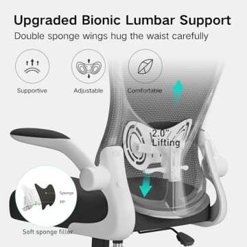 Hbada Office Chair Ergonomic Desk Chair, Office Desk Chairs with PU Silent Wheels, Breathable Mesh Computer Chair with Adjustable Lumbar Support, Flip-up Armrests, Tilt Function, White