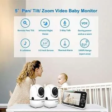 HelloBaby Upgrade 5’’ Baby Monitor with 26-Hour Battery, 2 Cameras Pan-Tilt-Zoom, 1000ft Range V...