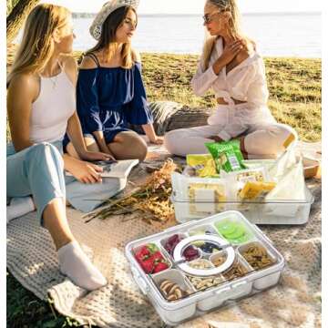 Divided Serving Tray with Lid and Handle - Snackle Box Charcuterie Platter Portable Storage Organize...