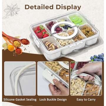 Divided Serving Tray with Lid and Handle - Snackle Box Charcuterie Platter Portable Storage Organizer Container for Fruit, Candy, Veggie, Nuts, Spices& Snacks, Perfect for Party, Travel& Picnic