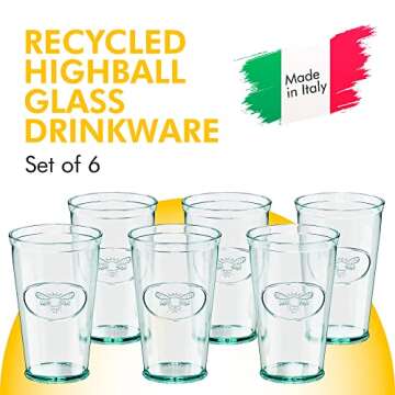 Amici Home Bee Hiball Glass | 16 Oz | Italian Made, Recycled Glass with Green Tint | Drinking Glass with Embossed Bee Design for Water, Juice, Cocktails (Set of 6)