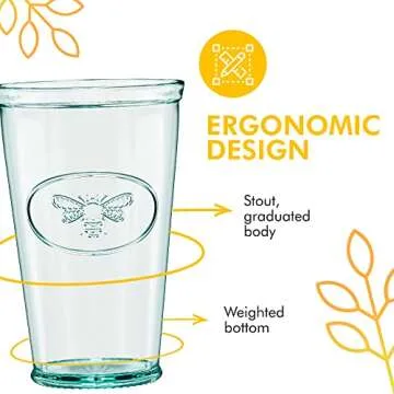 Amici Home Bee Hiball Glass | 16 Oz | Italian Made, Recycled Glass with Green Tint | Drinking Glass with Embossed Bee Design for Water, Juice, Cocktails (Set of 6)