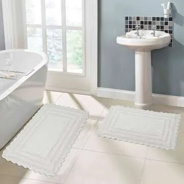 Royal Blaze Snow White Reversible Cotton Bath Rug Set of 2, Washable Bathroom Rug Rec Medium 21"x34"/Small 18"X26"