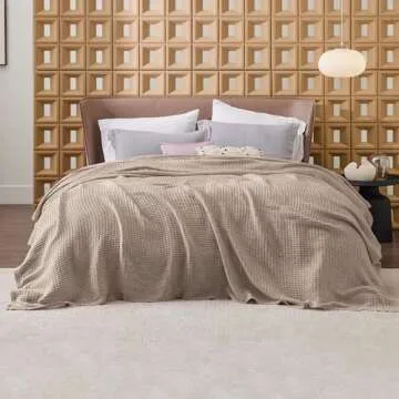Bedsure 100% Cotton Blanket Queen Size for Bed - Breathable and Soft, Waffle Weave Blanket for Summer Spring, Tan, 90x90 Inches