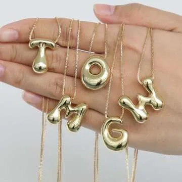 Bubble Letter Necklace For Women, Dainty Balloon Initial Necklaces 14k Gold Plated Chain Pendant Alp...