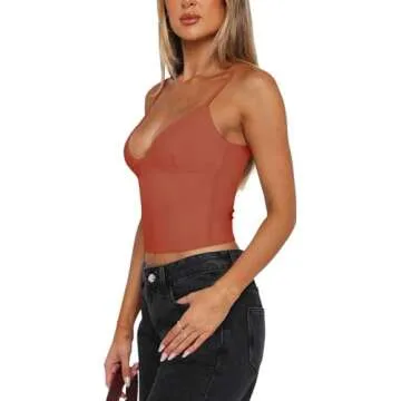 REORIA Womens Summer Sexy V-Neck Sleeveless Double Lined Going Out Y2K Trendy Cami Shirt Slimming Cr...