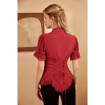 Red Dressy Shirt for Women Victorian Puff Sleeve Blouse Elegant Button Down Top Red S