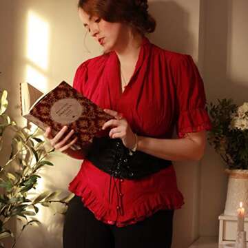 Red Dressy Shirt for Women Victorian Puff Sleeve Blouse Elegant Button Down Top Red S