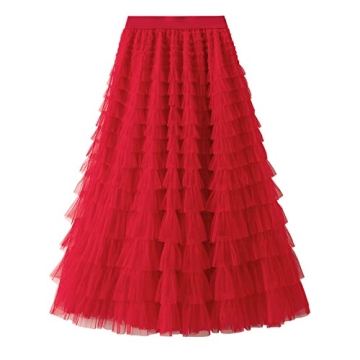 Dirholl Women's A-Line Fairy Elastic Waist Midi Skirt Tutu B in Festive Red