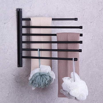 GERZWY Bathroom Swing Arm Towel Bars Wall Mount Bath Towel Rack with 6 Arms Hanger Towel Holder Organizer SUS 304 Stainless Steel Matte Black HYG06-BK