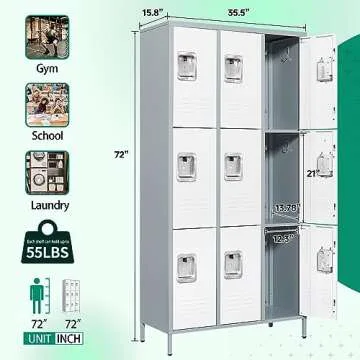 Letaya Metal Lockers for Employees-9 Door Storage Locker with Shelves and Lockable Steel Cabinet for School,Gym,Office,Staff (Gray & White, 9 Door)