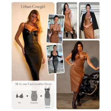 Popilush Corset Shapewear Dress Faux Leather Club Midi Dress V Neck Night Out Bodycon Dresses for Wo...