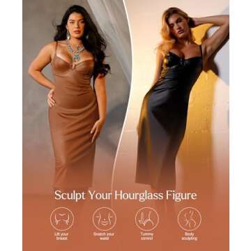 Popilush Corset Shapewear Dress Faux Leather Club Midi Dress V Neck Night Out Bodycon Dresses for Women Brown