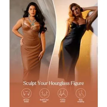 Popilush Corset Shapewear Dress Faux Leather Club Midi Dress V Neck Night Out Bodycon Dresses for Women Brown