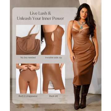 Popilush Corset Shapewear Dress Faux Leather Club Midi Dress V Neck Night Out Bodycon Dresses for Women Brown