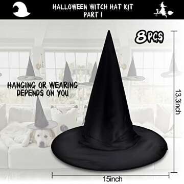 LINAYE Halloween Witches Hat XL Kit - 8 PCS Black Witch Hats with Hanging Rope,16 PCS 3D Bat,Spider Web,Creepy Cloth Halloween Hanging Decoration Wizard Hats Halloween Decorations Decor