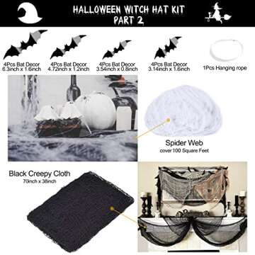 LINAYE Halloween Witches Hat XL Kit - 8 PCS Black Witch Hats with Hanging Rope,16 PCS 3D Bat,Spider Web,Creepy Cloth Halloween Hanging Decoration Wizard Hats Halloween Decorations Decor