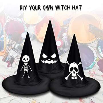 LINAYE Halloween Witches Hat XL Kit - 8 PCS Black Witch Hats with Hanging Rope,16 PCS 3D Bat,Spider Web,Creepy Cloth Halloween Hanging Decoration Wizard Hats Halloween Decorations Decor