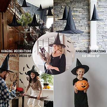 LINAYE Halloween Witches Hat XL Kit - 8 PCS Black Witch Hats with Hanging Rope,16 PCS 3D Bat,Spider Web,Creepy Cloth Halloween Hanging Decoration Wizard Hats Halloween Decorations Decor