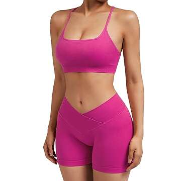 SUUKSESS Women V Cross Seamless Workout Sets Strappy Padded Sports Bra High Waist Booty Shorts (Hot ...