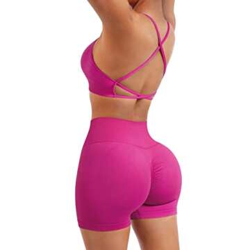 SUUKSESS Women V Cross Seamless Workout Sets Strappy Padded Sports Bra High Waist Booty Shorts (Hot Pink,S)