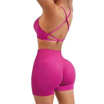 SUUKSESS Women V Cross Seamless Workout Sets Strappy Padded Sports Bra High Waist Booty Shorts (Hot Pink,S)