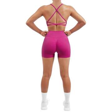 SUUKSESS Women V Cross Seamless Workout Sets Strappy Padded Sports Bra High Waist Booty Shorts (Hot Pink,S)