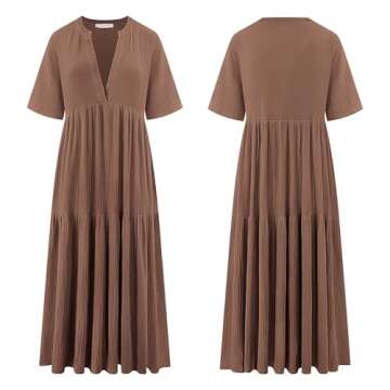 R.Vivimos Womens Summer Cotton Flowy Maxi Dress Short Sleeve V Neck Empire Waist Boho Tiered Ruffle Casual Loose Long Dresses (Small, Brown)