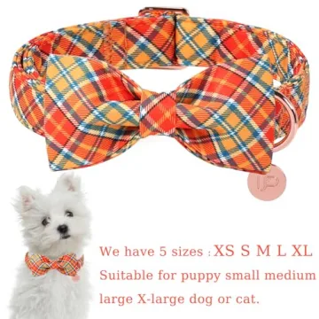 UP URARA PUP Autumn Plaid Dog Collar and Bow Tie Set – Orange Yellow Checkered Adjustable Fall Col...