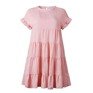 Joteisy Women’s Summer Ruffle Sleeve Round Neck Loose Fit Casual Swing Short Mini Dresses (S, Pink)