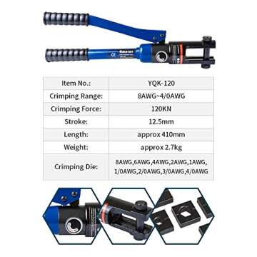 AMZCNC 12 Ton Hydraulic Crimping Tool with 9 Standard American Dies, Crimps 8AWG to 4/0 AWG, Hardene...