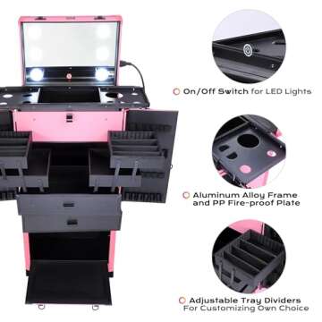 BYOOTIQUE Pink Rolling Makeup Case Trolley Lockable with Mirror Light Pro Large Cosmetic for Artists...