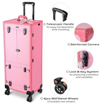 BYOOTIQUE Pink Rolling Makeup Case Trolley Lockable with Mirror Light Pro Large Cosmetic for Artists Hair Stylist Barber Organized