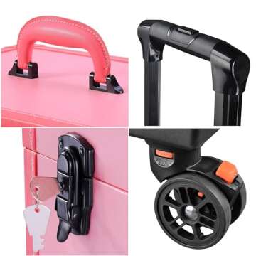 BYOOTIQUE Pink Rolling Makeup Case Trolley Lockable with Mirror Light Pro Large Cosmetic for Artists Hair Stylist Barber Organized