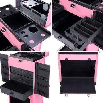 BYOOTIQUE Pink Rolling Makeup Case Trolley Lockable with Mirror Light Pro Large Cosmetic for Artists Hair Stylist Barber Organized
